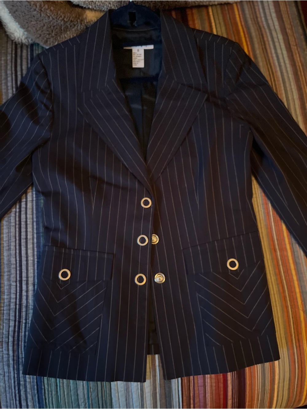 CAbi Navy Pinstripe Blazer with Gold-Tone Grommet Buttons